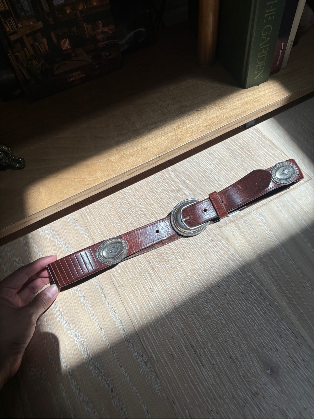 Classic Brown Leather Western-Style Belt with Silver Accents and Conchos